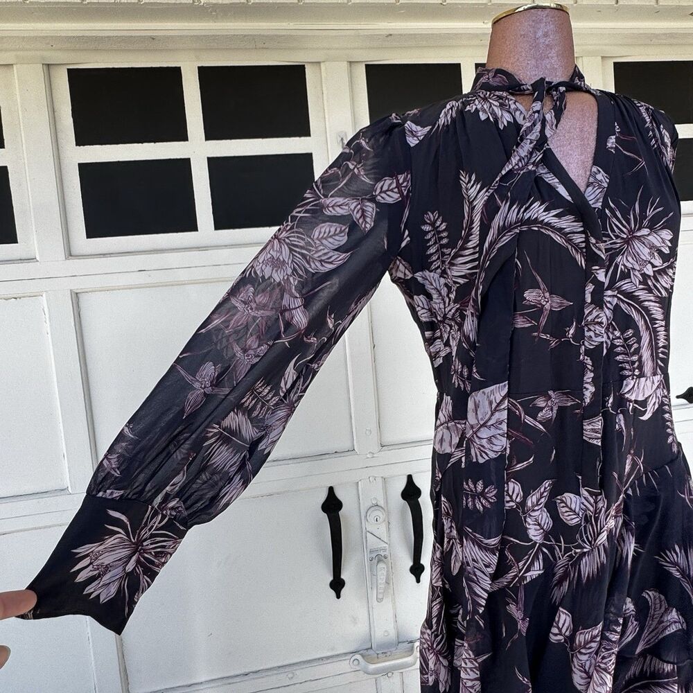MARCHESSA NOTTE Dress Tiered Asymmetrical Hem Maxi Tie Long Sleeves Sz 10 Navy - Picture 3 of 13